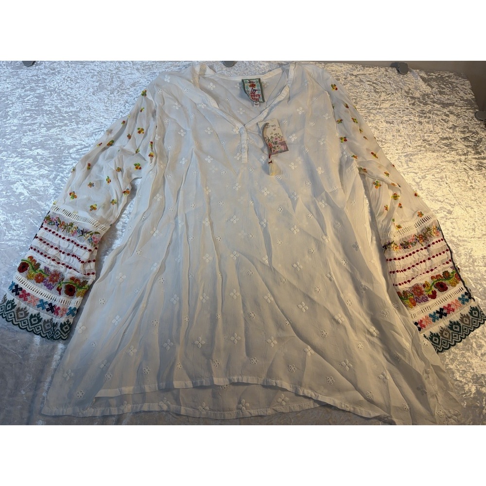 Johnny Was Tunic Blouse PXL White Embroidered Floral Bell Sleeve Boho NWT